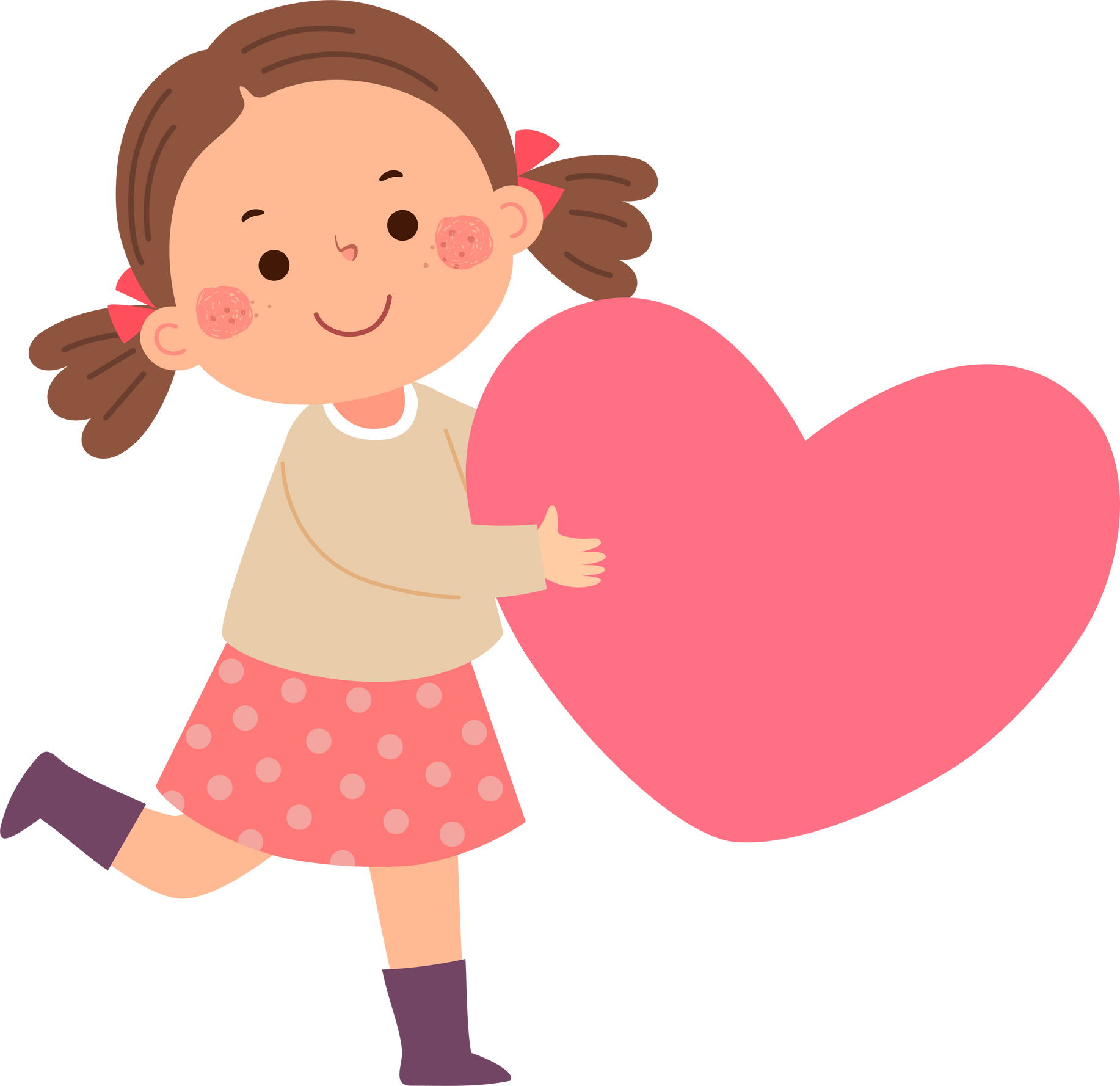 Cartoon little girl holding pink big heart. Valentines Day concept.